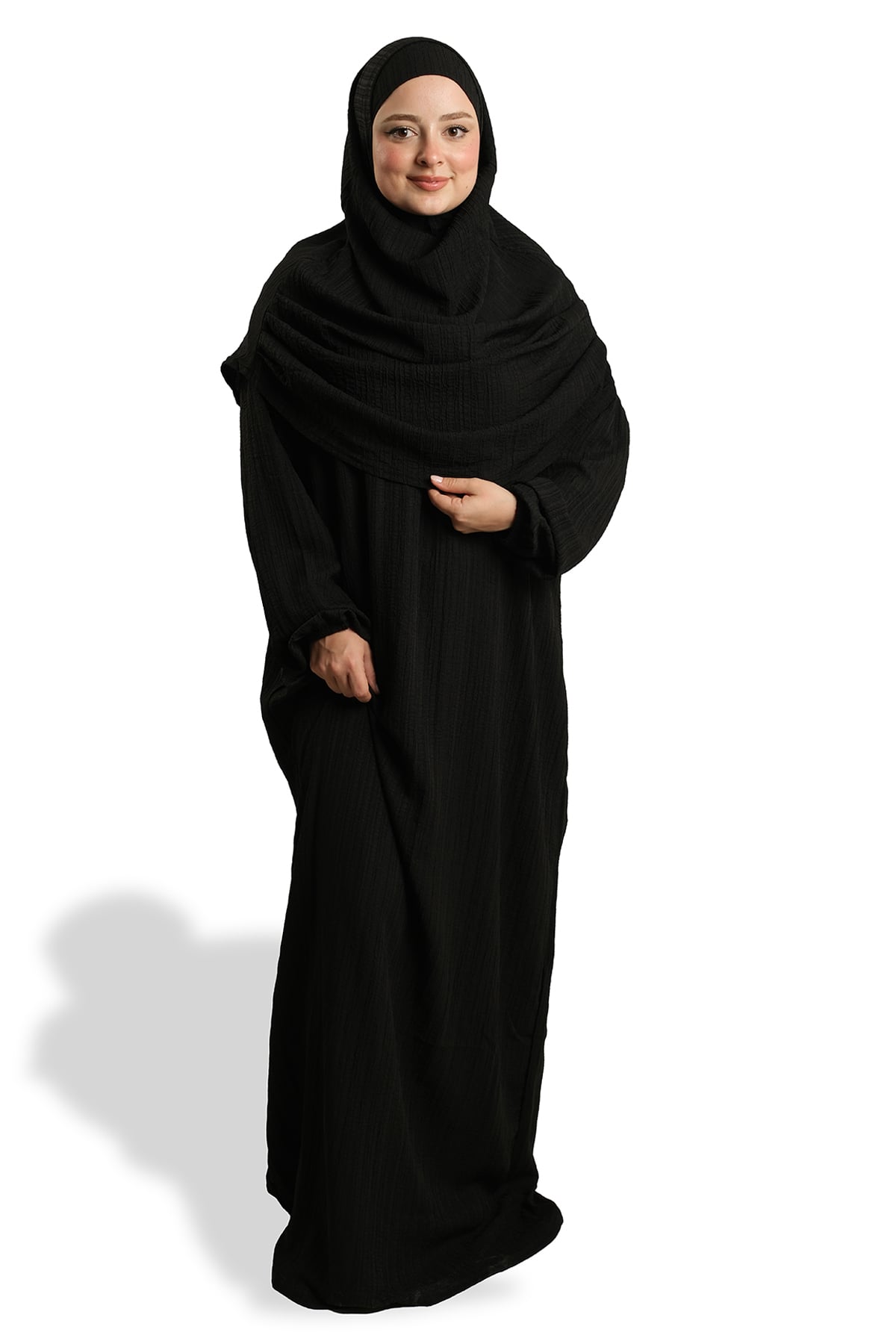 Siyah İki Parça Namaz Elbisesi Dokuma Kendinden Desenli - Hürrem Bone 2502_01