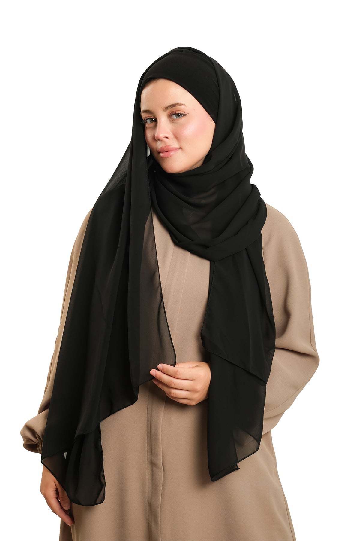Siyah Pratik Hazır Geçmeli Bone Şal Şifon Düz - Hürrem Bone 2506_01