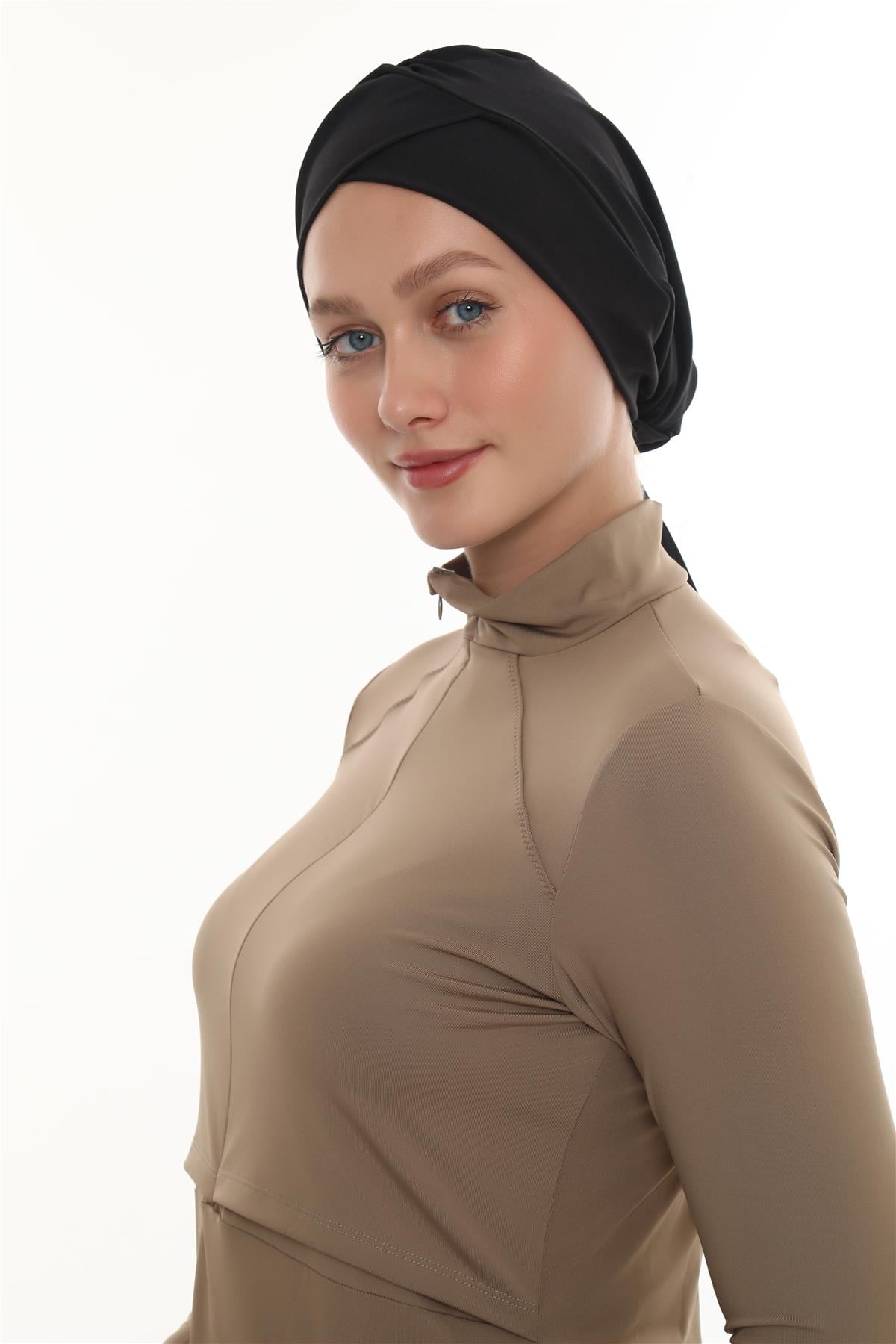 Siyah Pratik Hazır Geçmeli Deniz Havuz Bonesi Swimmy Çapraz - Hürrem Bone 2508_01