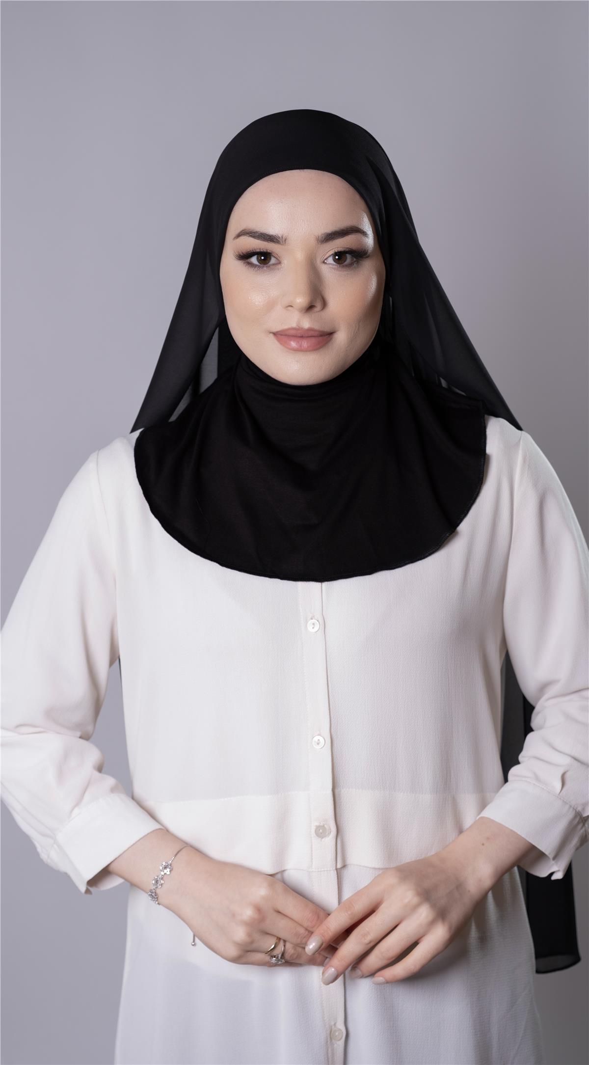 Siyah Pratik Hazır Geçmeli Şal Şifon Kumaş Hijab Bone - Hürrem Bone 3009_01