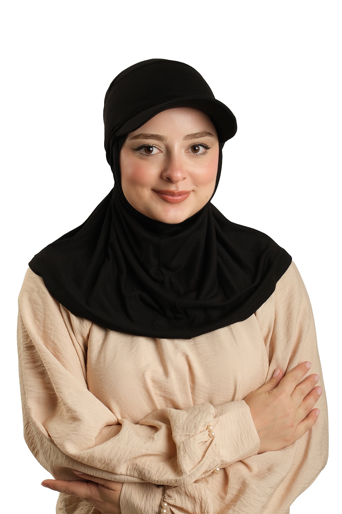 Siyah Pratik Hazır Geçmeli Şapkalı Tesettür Eşarp Viskon Düz - Hürrem Bone 2513_01