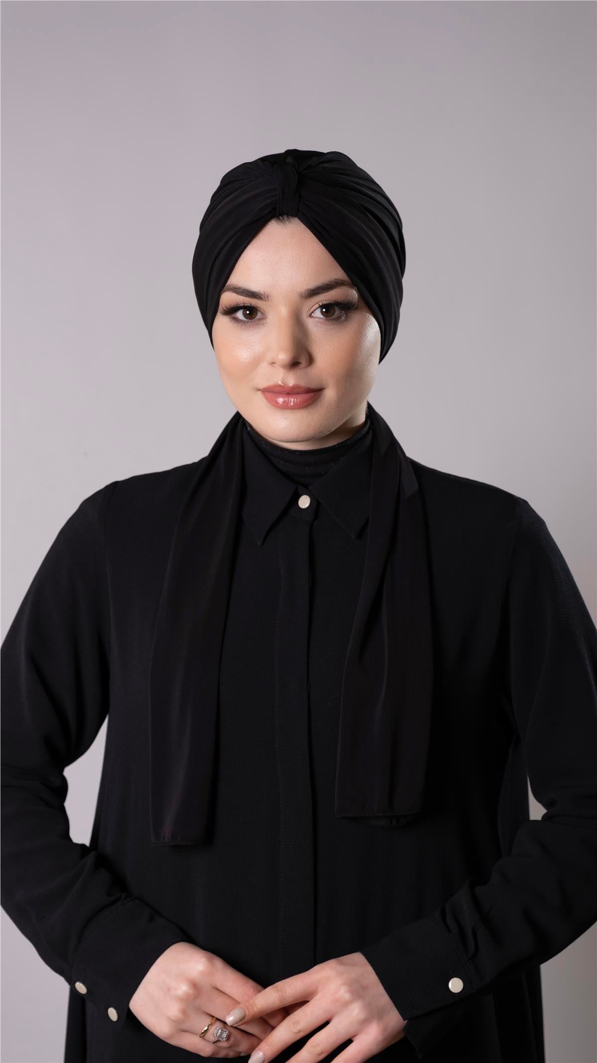Siyah Pratik Hazır Geçmeli Tesettür Bone Sandy Kumaş Atkılı  - Hürrem Bone 2204_01