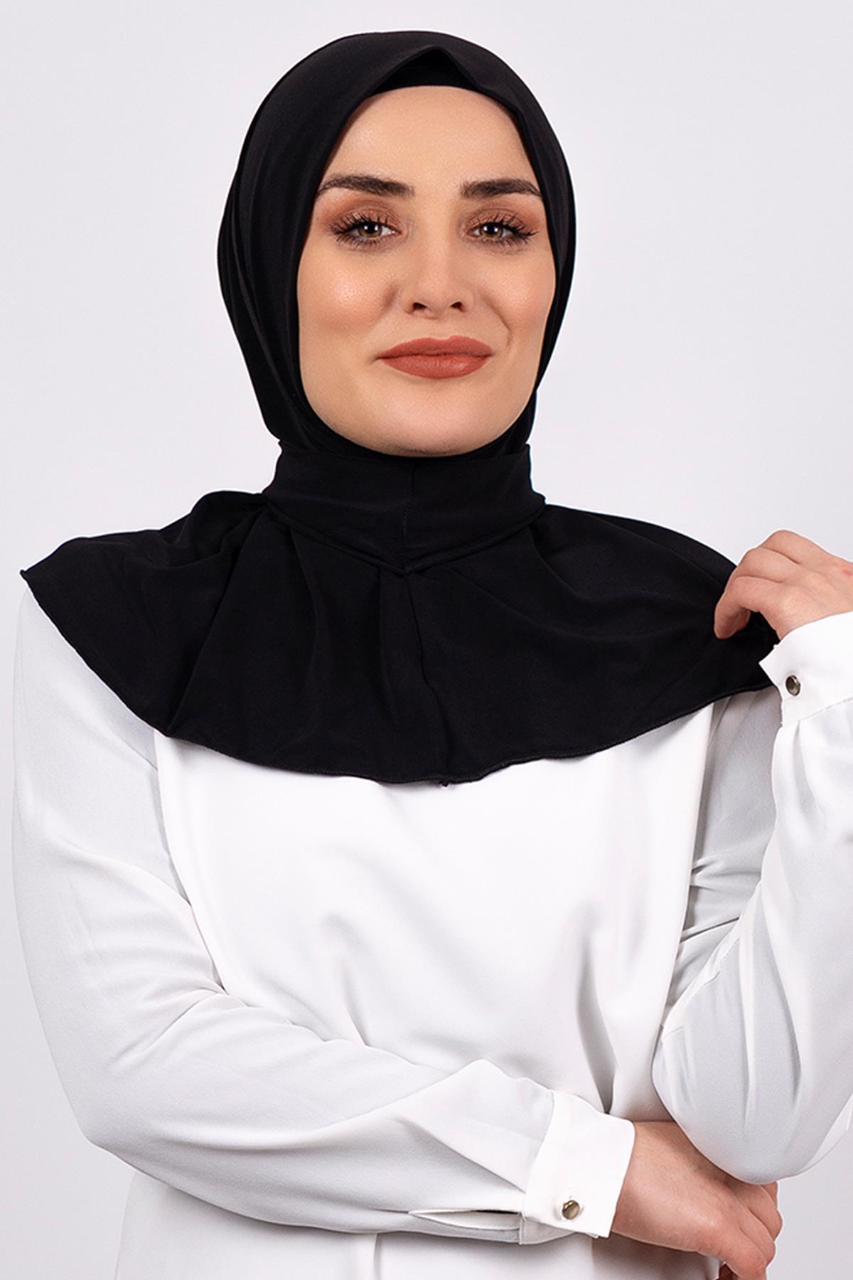 Siyah Pratik Hazır Geçmeli Tesettür Eşarp Sandy Kumaş Arkadan Çıtçıtlı - Hürrem Bone 2101_01