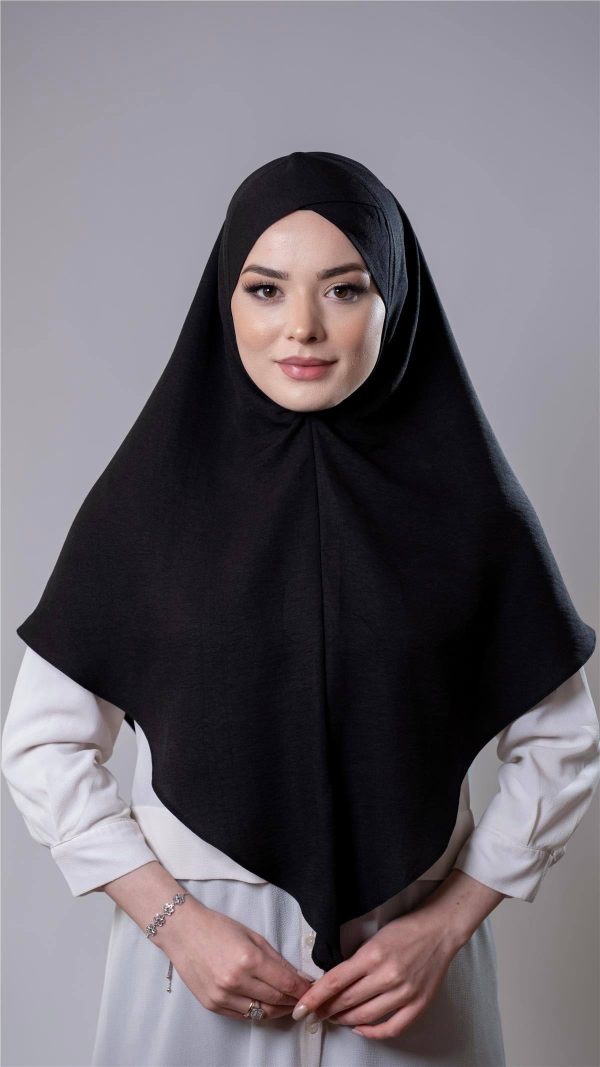 Siyah Pratik Hazır Geçmeli Tesettür Eşarp Pamuk Caz Kumaş Tek Katlı Çapraz Hijab - Hürrem Bone 2305_01