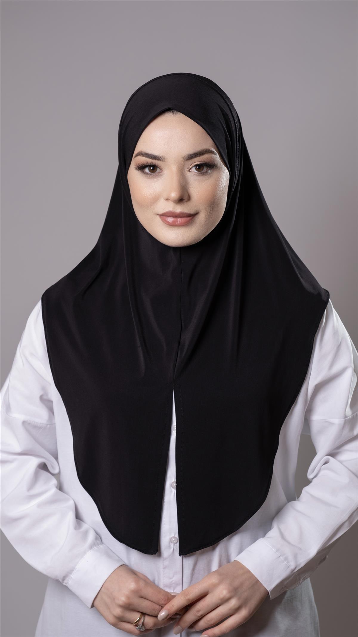 Siyah Pratik Hazır Geçmeli Tesettür Eşarp Sandy Kumaş Yırtmaçlı Düz Hijab - Hürrem Bone 2310_01