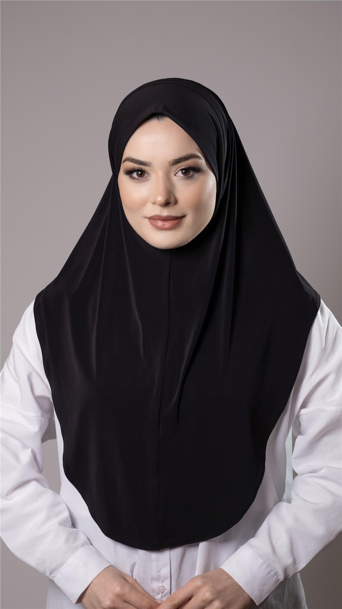 Siyah Pratik Hazır Geçmeli Tesettür Eşarp Sandy Kumaş Düz Hijab - Hürrem Bone 2308_01