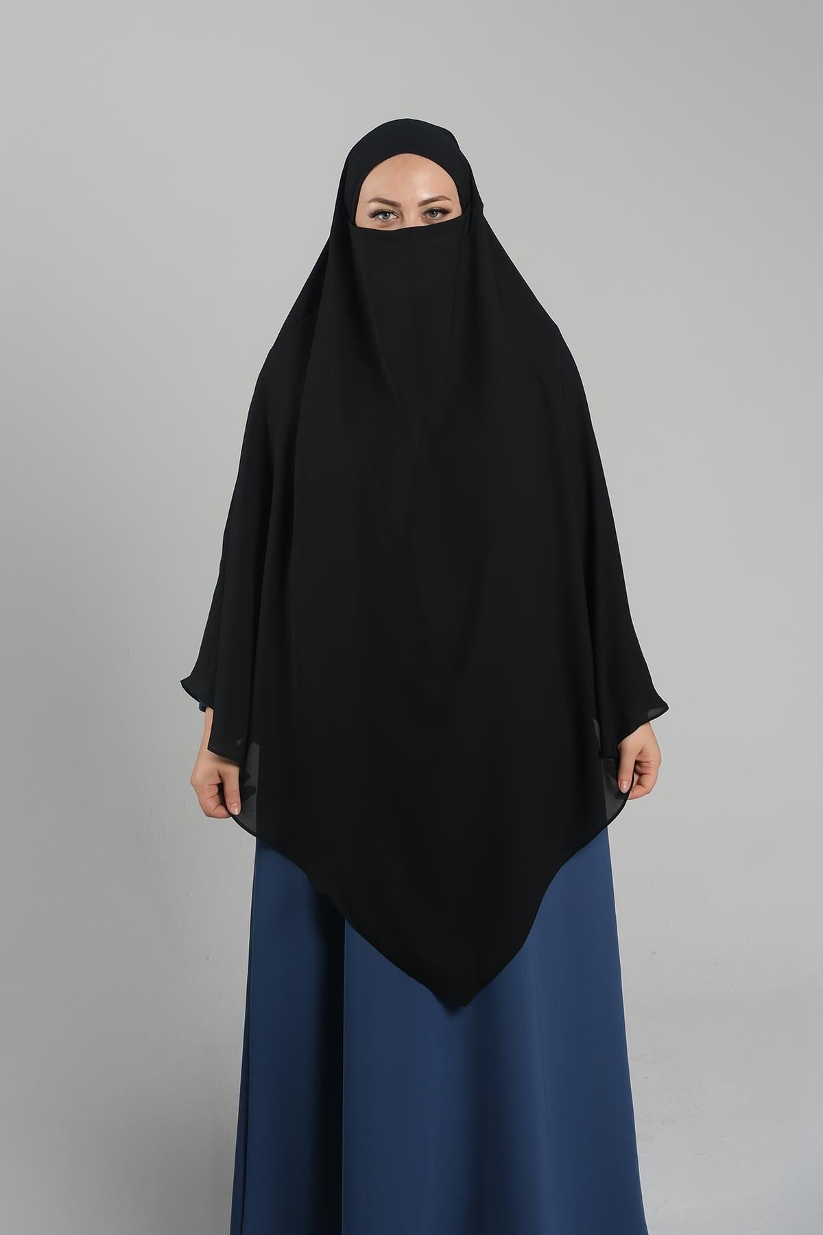 Siyah Pratik Hazır Geçmeli Tesettür Eşarp Krep Bağcıklı Sufle Hijab - Hürrem Bone 2313_01