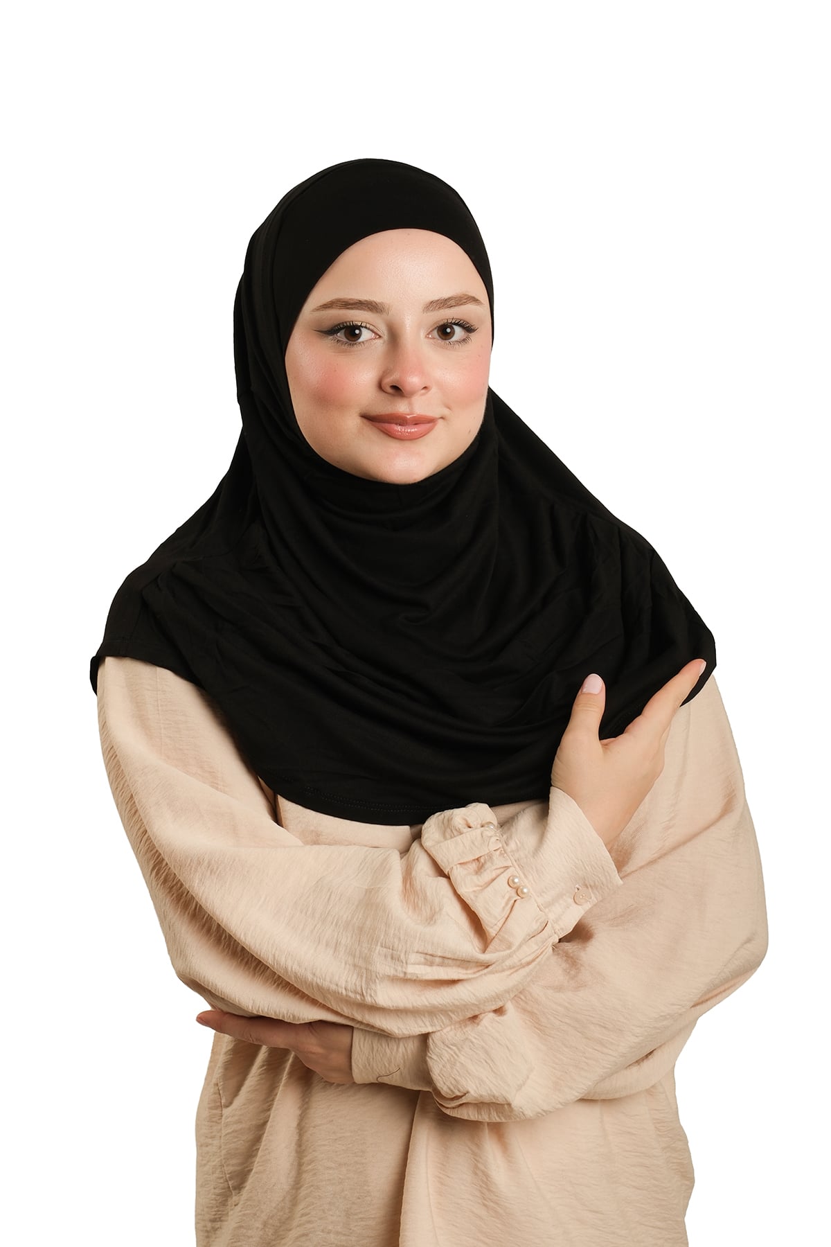 Siyah Pratik Hazır Geçmeli Tesettür Eşarp Viskon Boneli Büyük Boy - Hürrem Bone 1290BV_01