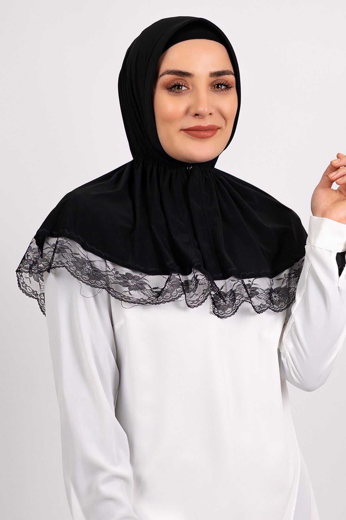 Siyah Pratik Hazır Geçmeli Tesettür Eşarp Viskon Kumaş Çıtçıtlı Dantelli - Hürrem Bone 2105_01