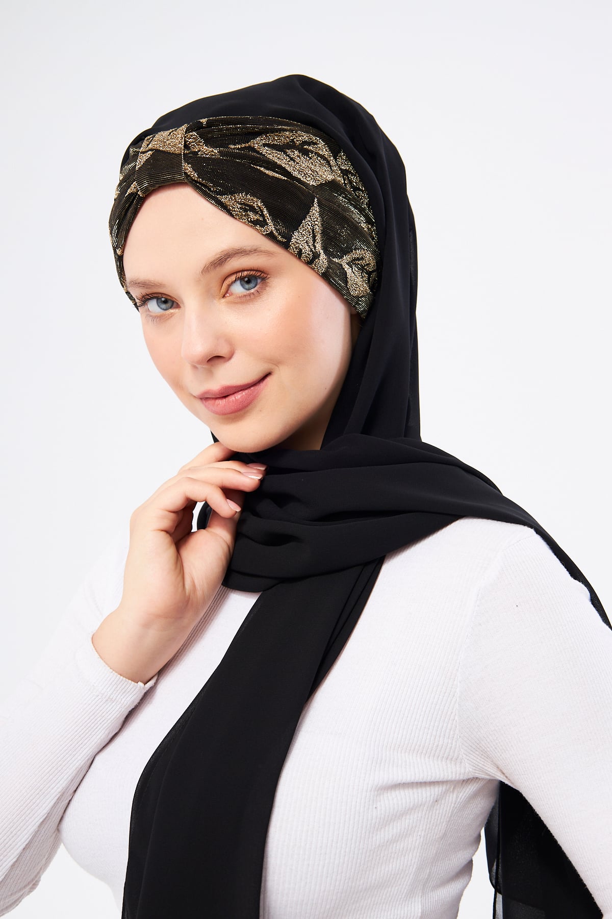 Siyah Simli Arkadan Bağlamalı Şal Şifon Çiçek Desenli - Hürrem Bone 2318_01