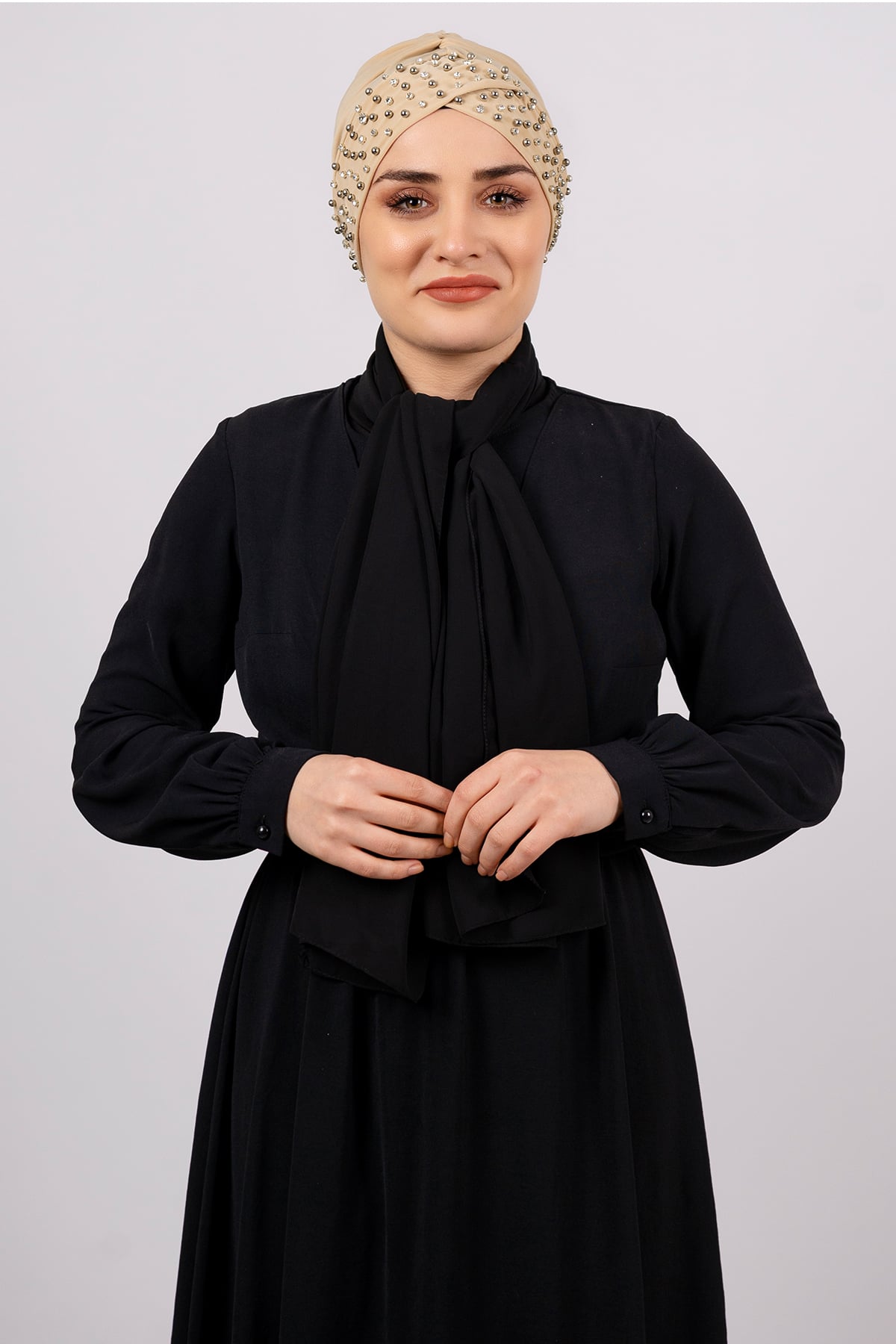Sütlü Kahve Pratik Hazır Geçmeli Tesettür Bone Sandy Kumaş Taşlı - Hürrem 1456