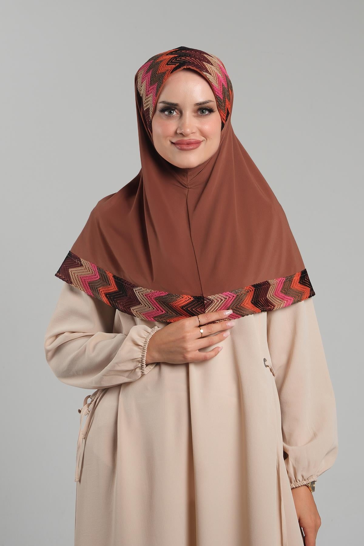 Taba Pratik Hazır Geçmeli Tesettür Eşarp Sandy Renkli Desenli Fileli - Hürrem Bone 2401_33