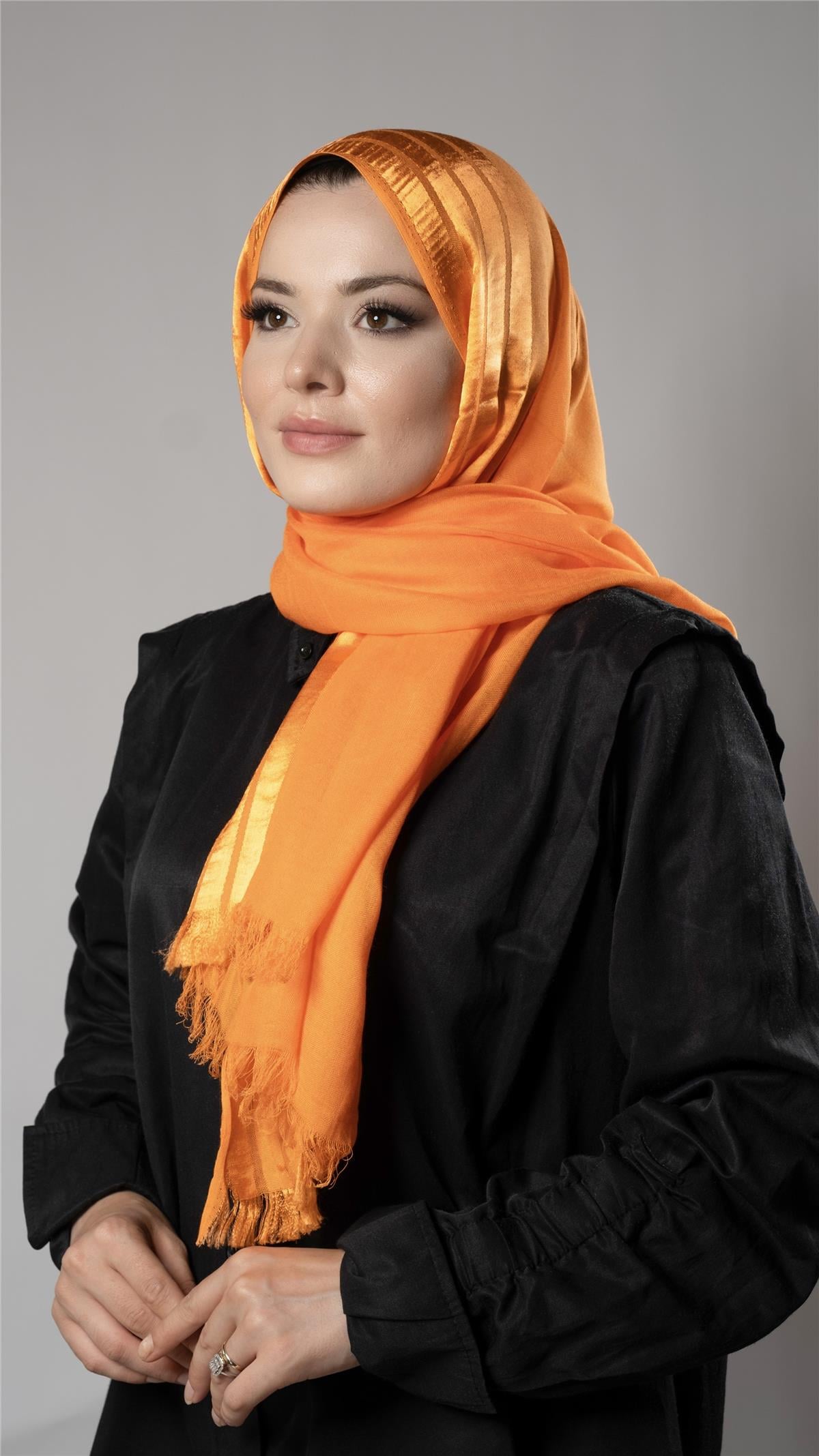 Turuncu Şerit Çizgili Şal Viskon Kumaş Bursa Dolama - Hürrem Bone 202109_57