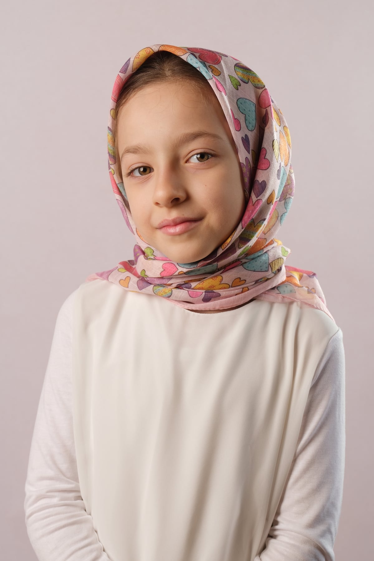 Violet Dijital Baskılı Çocuk Tesettür Eşarp Pamuk Polyester Renkli Kalp Desenli - Hürrem Bone 6003_21