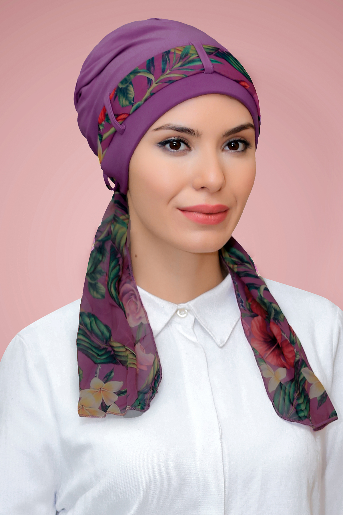 Violet Pratik Hazır Geçmeli Tesettür Bone Sandy Kumaş Desenli Şifon Kemerli - Hürrem 1205D