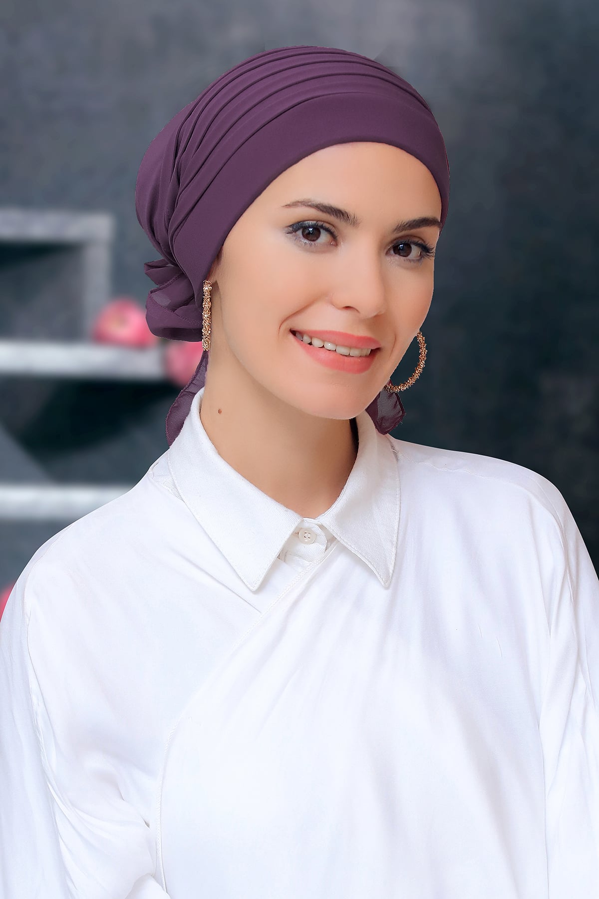 Violet Pratik Hazır Geçmeli Tesettür Bone Sandy Kumaş Pileli Nervürlü Güllü - Hürrem 1806
