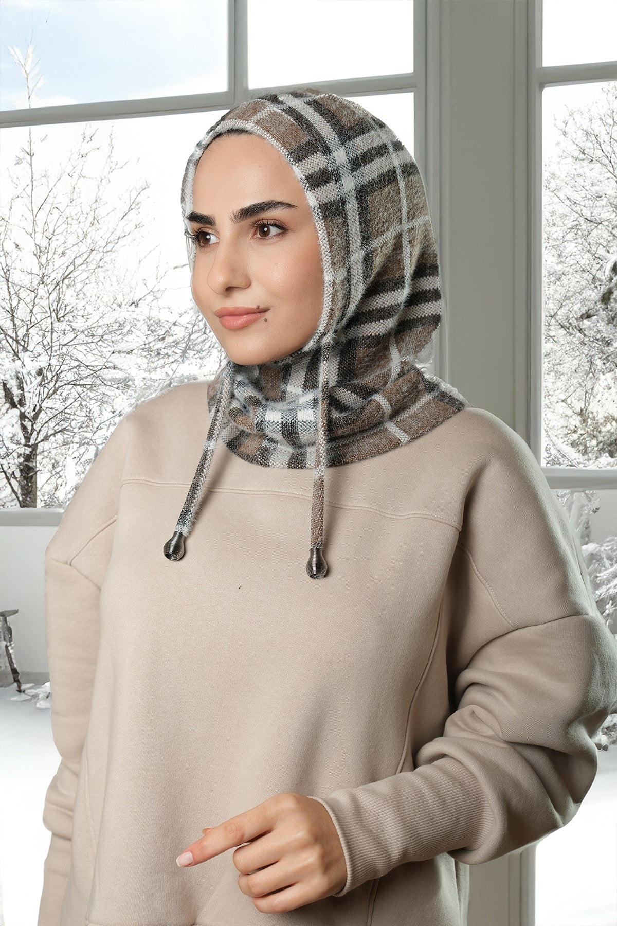 Vizon Bağcıklı Balaklava Boyunluklu Bere Jakar Ekoseli - Hürrem Bone 2323_10