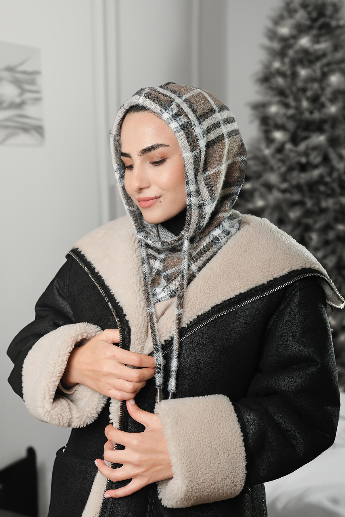 Vizon Bağcıklı Salaş Balaklava Boyunluklu Bere Jakar Ekoseli - Hürrem Bone 2324_10