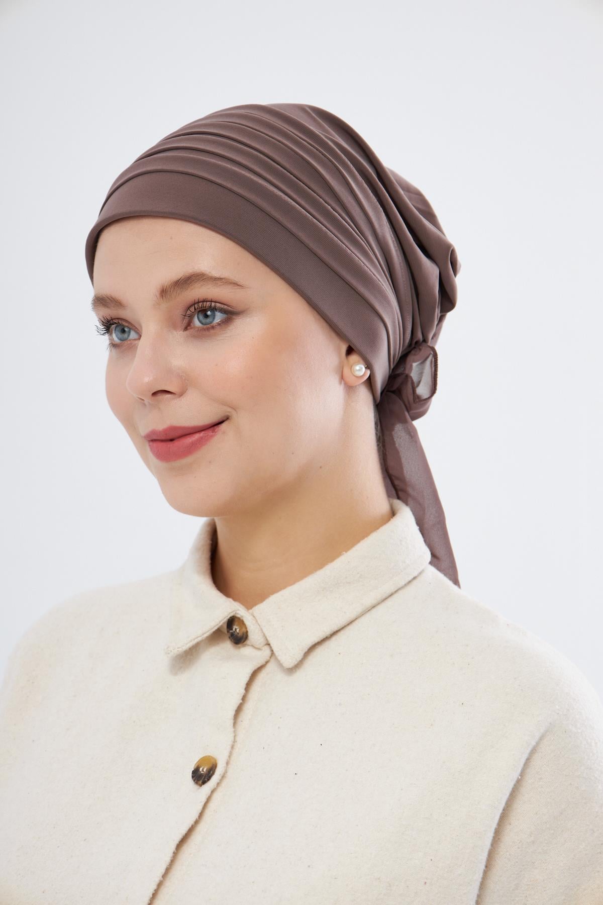 Vizon Pratik Hazır Geçmeli Tesettür Bone Sandy Kumaş Pileli Nervürlü Güllü - Hürrem Bone 1806_10