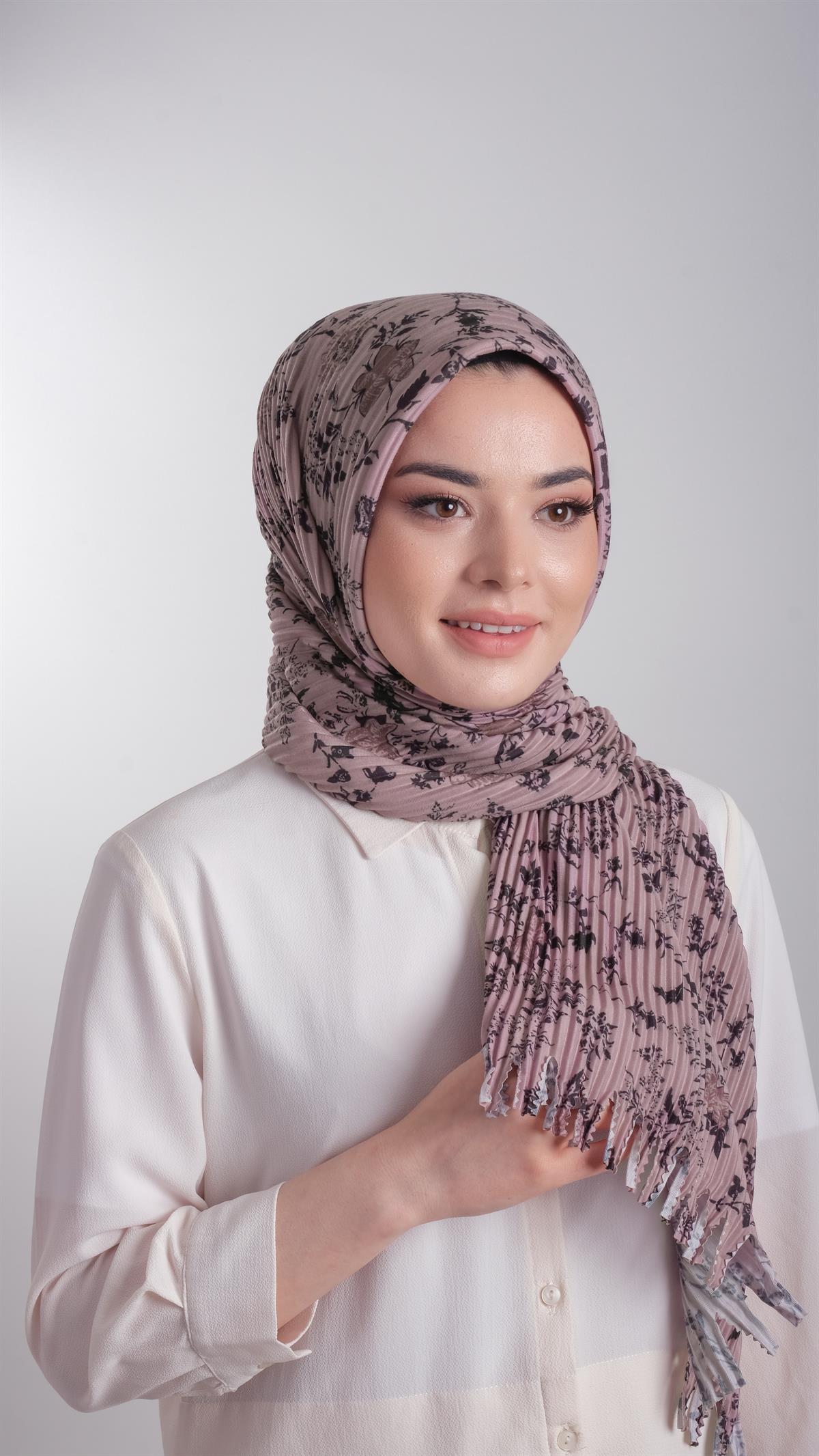 Vizon Pratik Hazır Geçmeli Tesettür Eşarp Kesik Elyaf Piliseli Çiçek Desenli - Hürrem Bone 1818D6_10