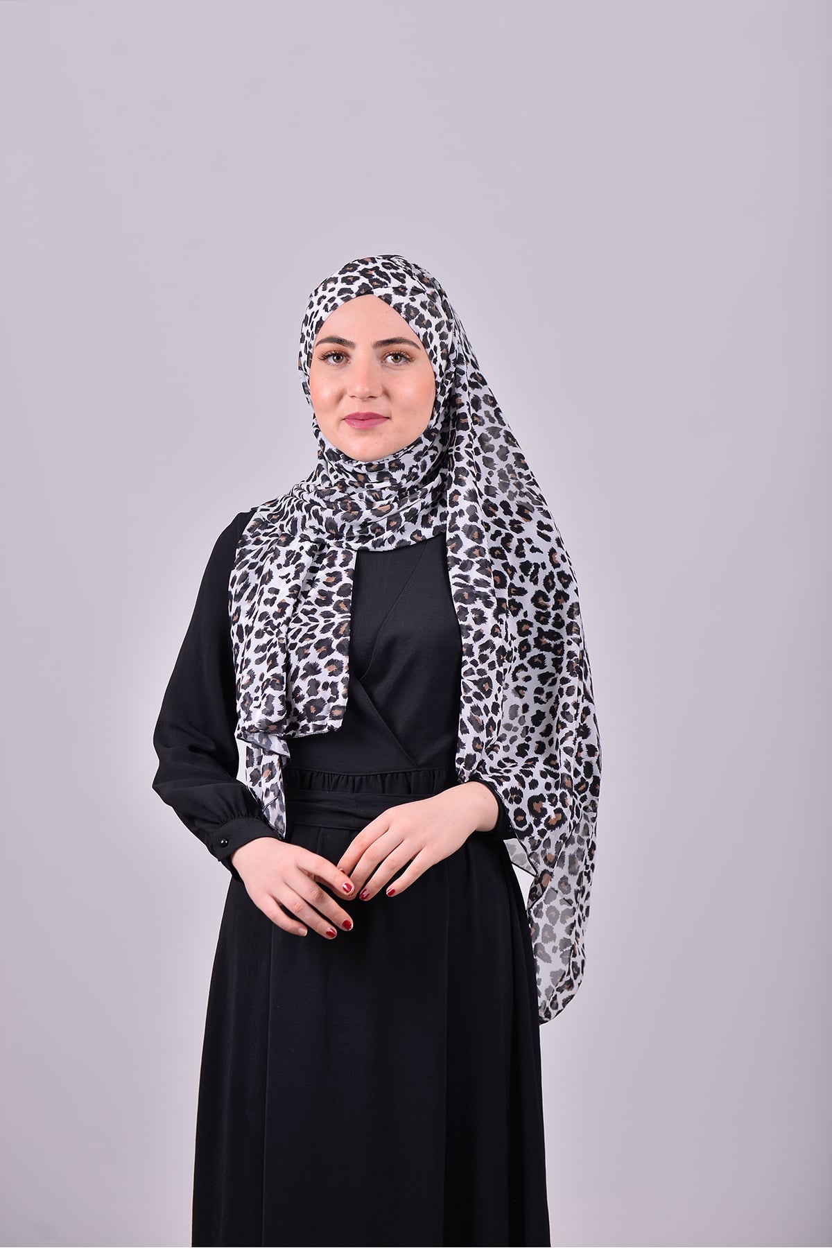 Vizon-Siyah-Leopar Pratik Hazır Geçmeli Bone Şal Şifon Kendinden Topuzlu Desenli - Hürrem 1454