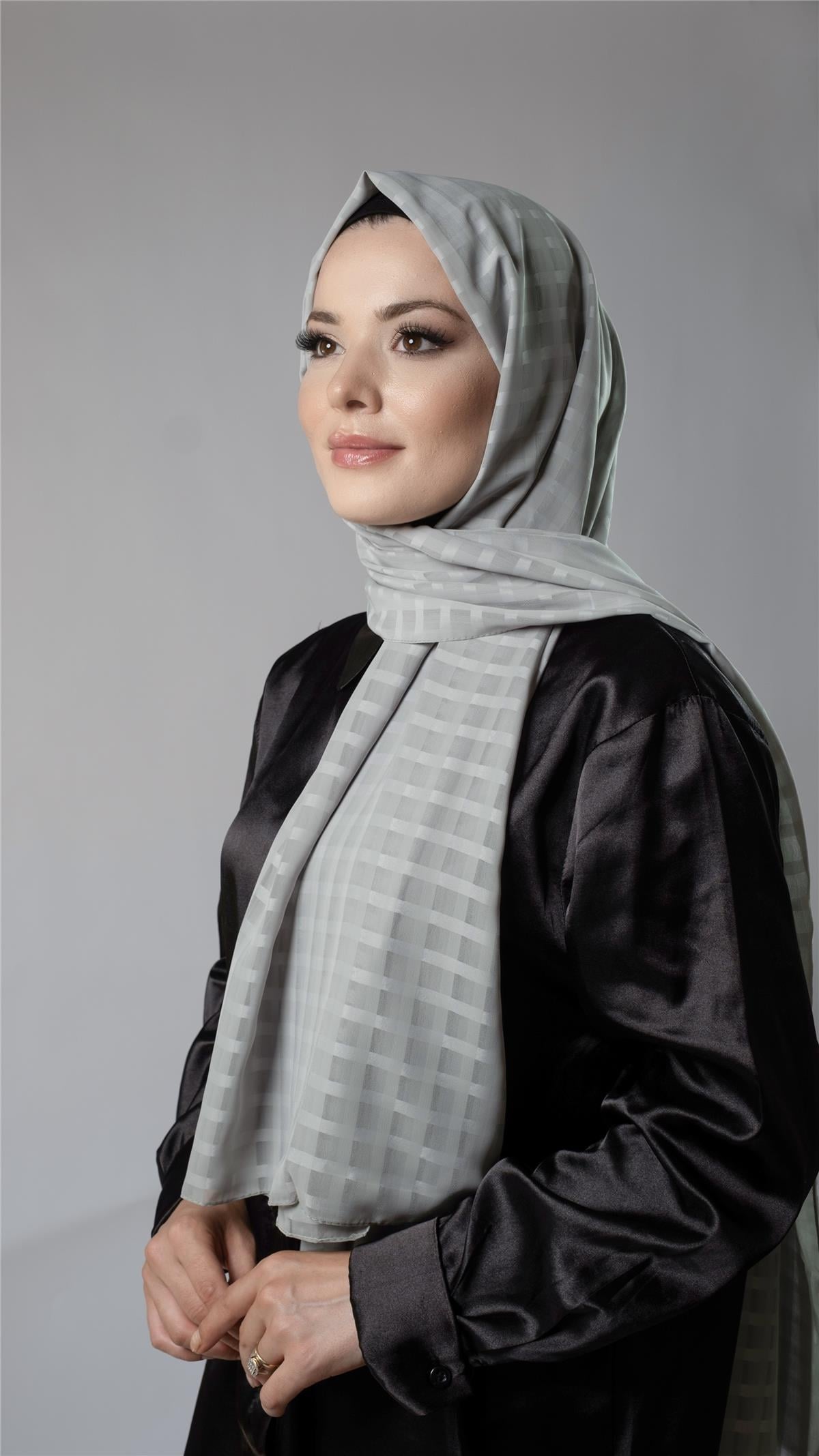Yağ Yeşili Desenli Şal Şifon Kumaş Kareli Çizgili - Hürrem Bone 202107_36