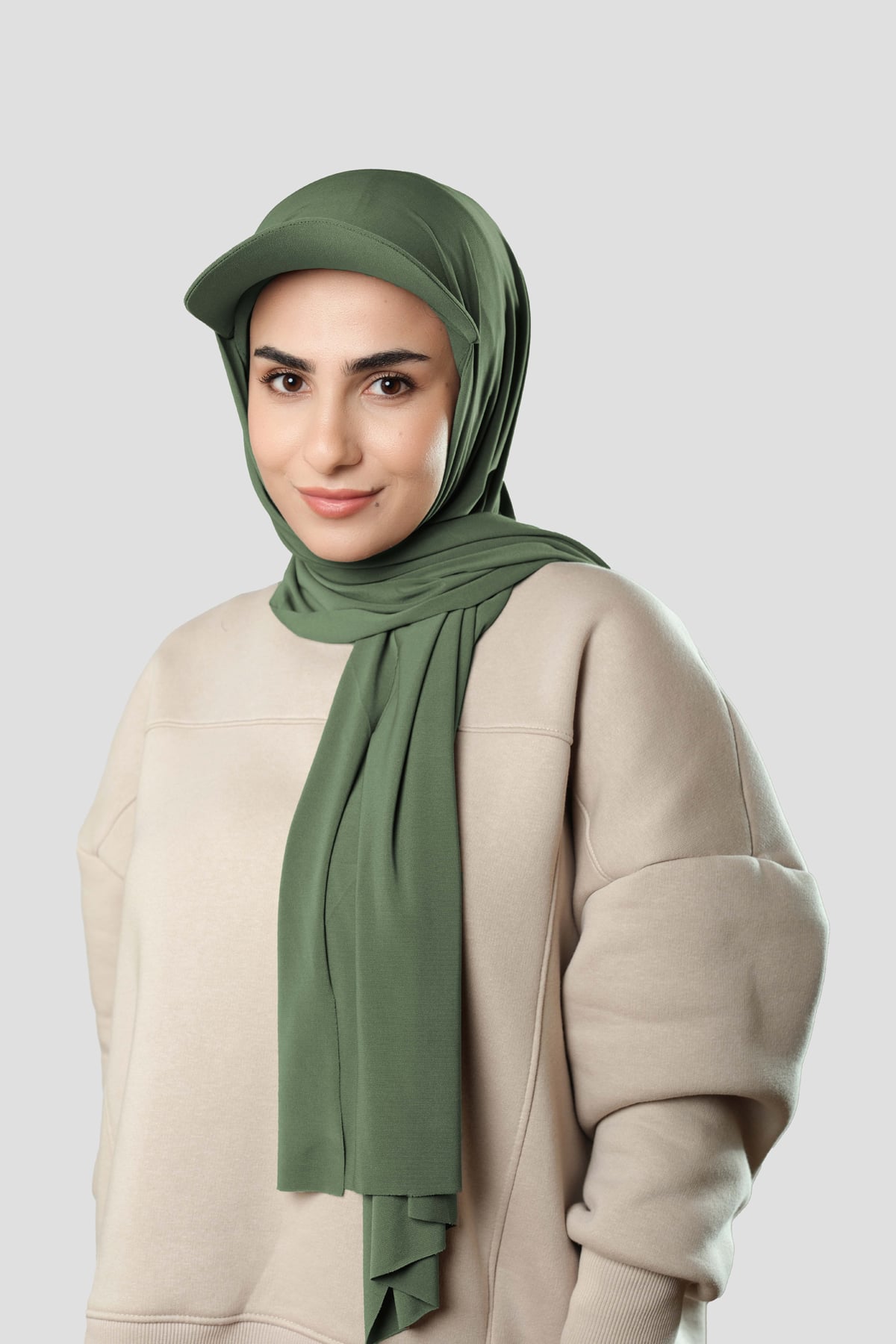 Yağ Yeşili Pratik Hazır Geçmeli Şapkalı Tesettür Şal Sandy Düz - Hürrem Bone 3008_36