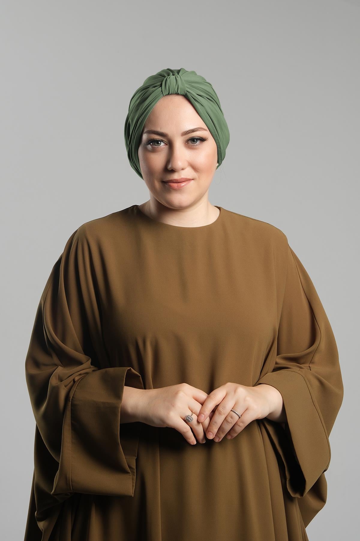 Yağ Yeşili Pratik Hazır Geçmeli Tesettür Bone Sandy Pileli Salaş - Hürrem Bone 2121_36