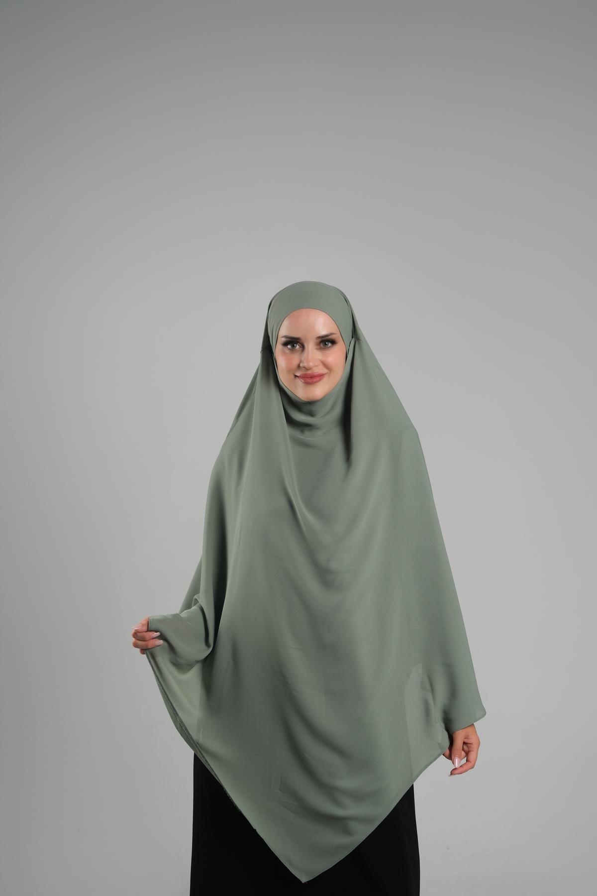 Yağ Yeşili Pratik Hazır Geçmeli Tesettür Eşarp Krep Bağcıklı Sufle Hijab - Hürrem Bone 2313_36