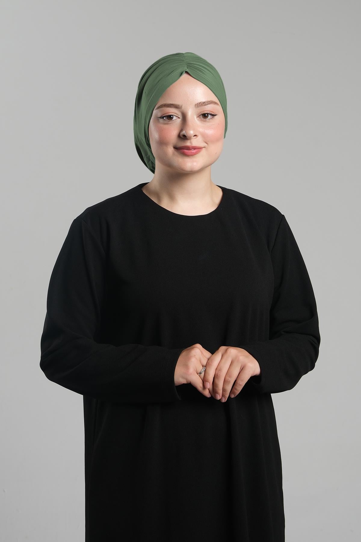 Yağ Yeşili Pratik Hazır Geçmeli Tesettür Bone Sandy Büzgülü Salaş - Hürrem Bone 2119_36