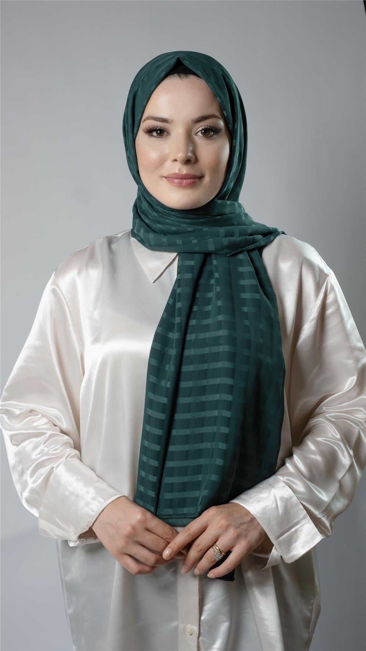 Zümrüt Desenli Şal Şifon Kumaş Kareli Çizgili - Hürrem Bone 202107_37