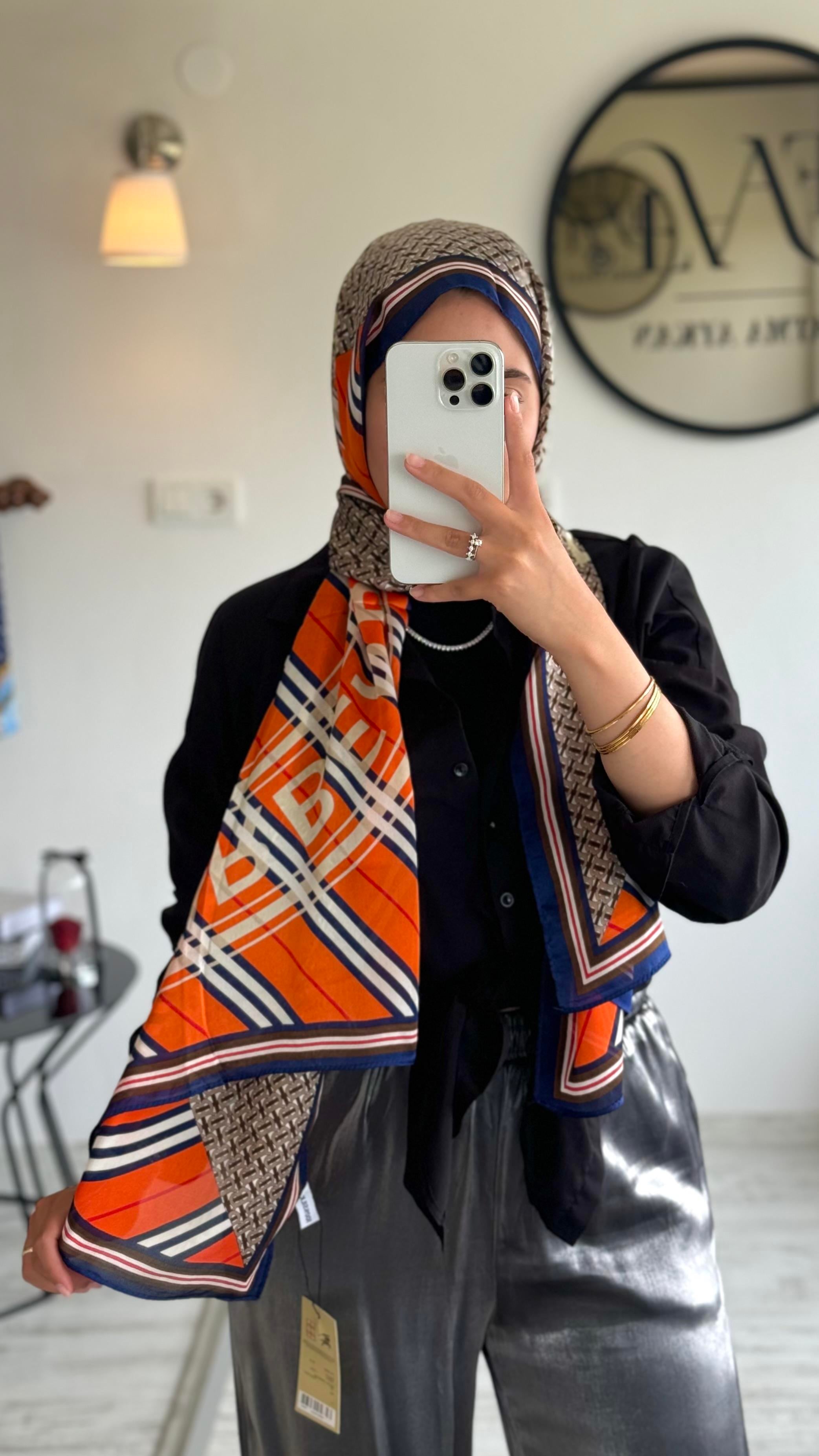 B / TURUNCU LACİVERT İPEK ŞAL 