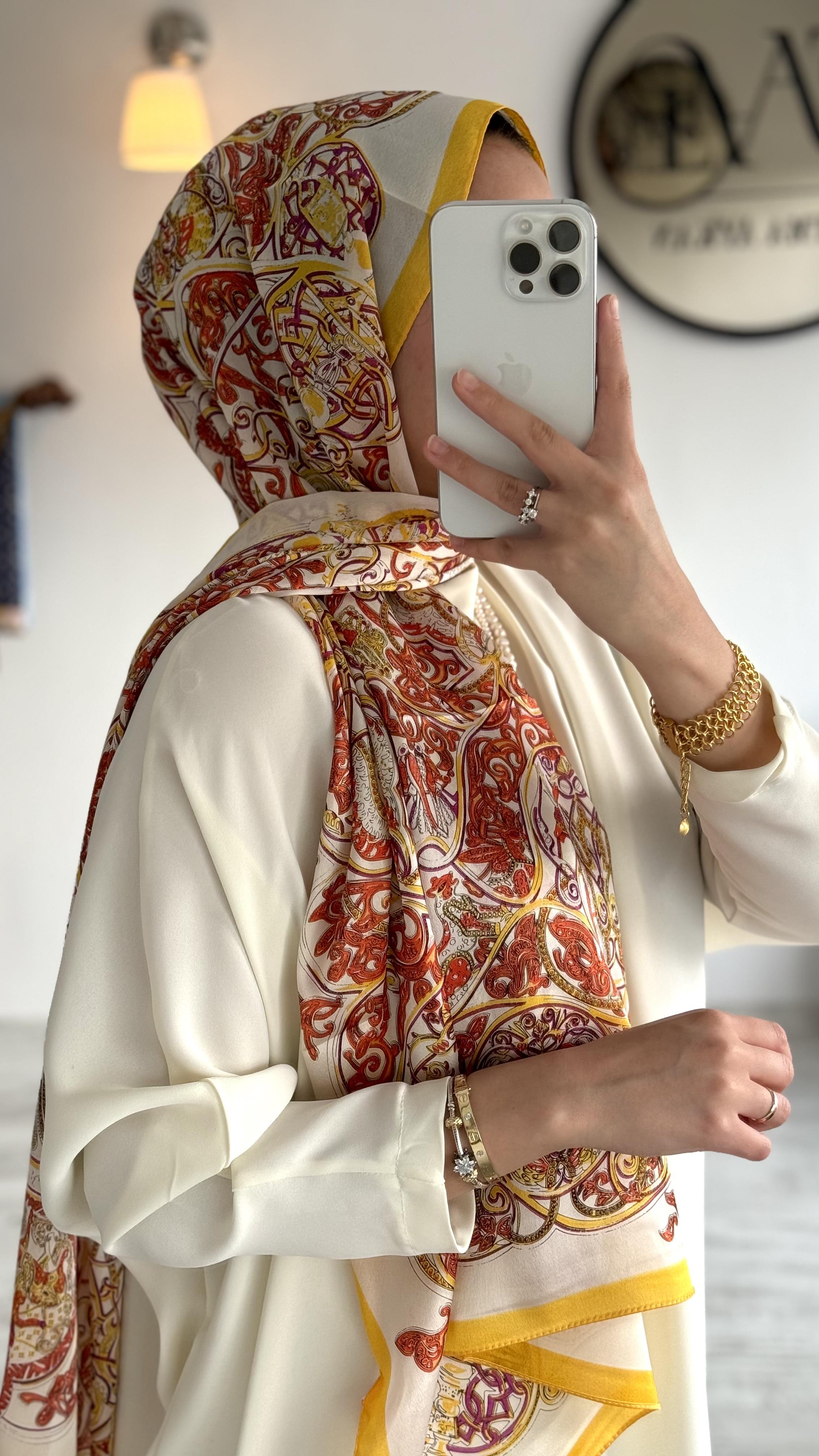 EKRU / TURUNCU RENKLİ H VUAL İPEK ŞAL
