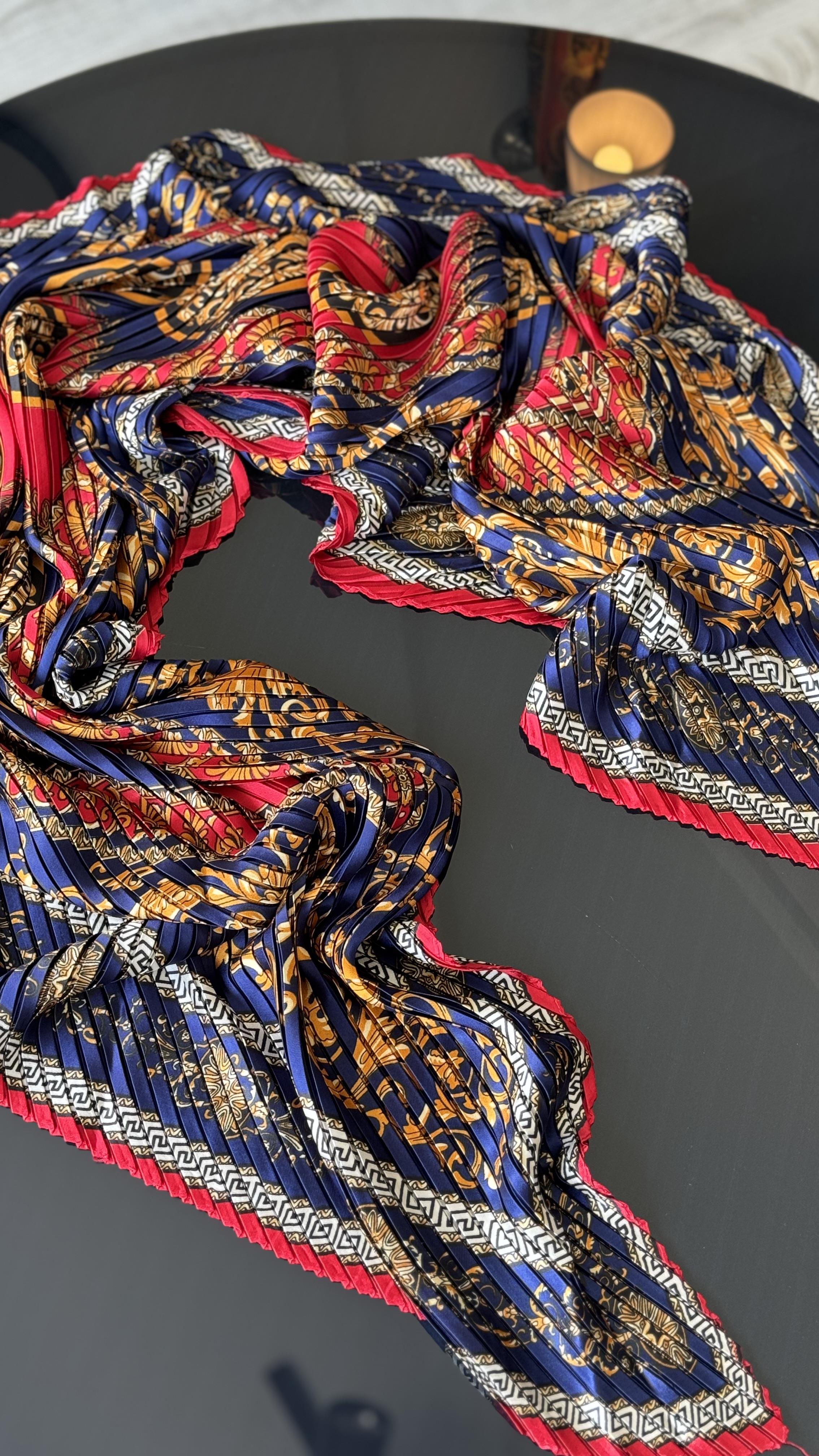 LACİVERT / KIRMIZI PLİSELİ ŞAL