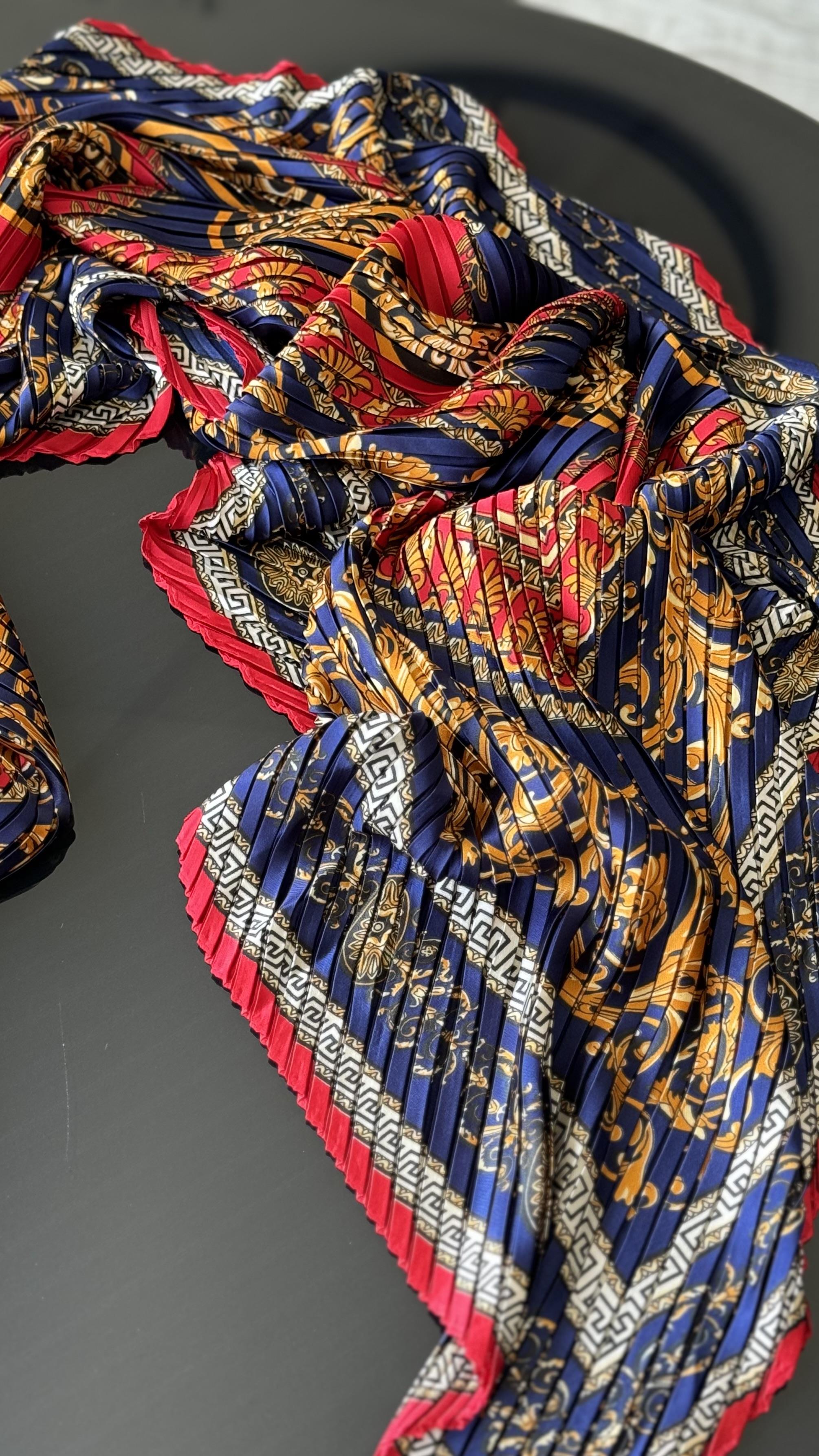 LACİVERT / KIRMIZI PLİSELİ ŞAL