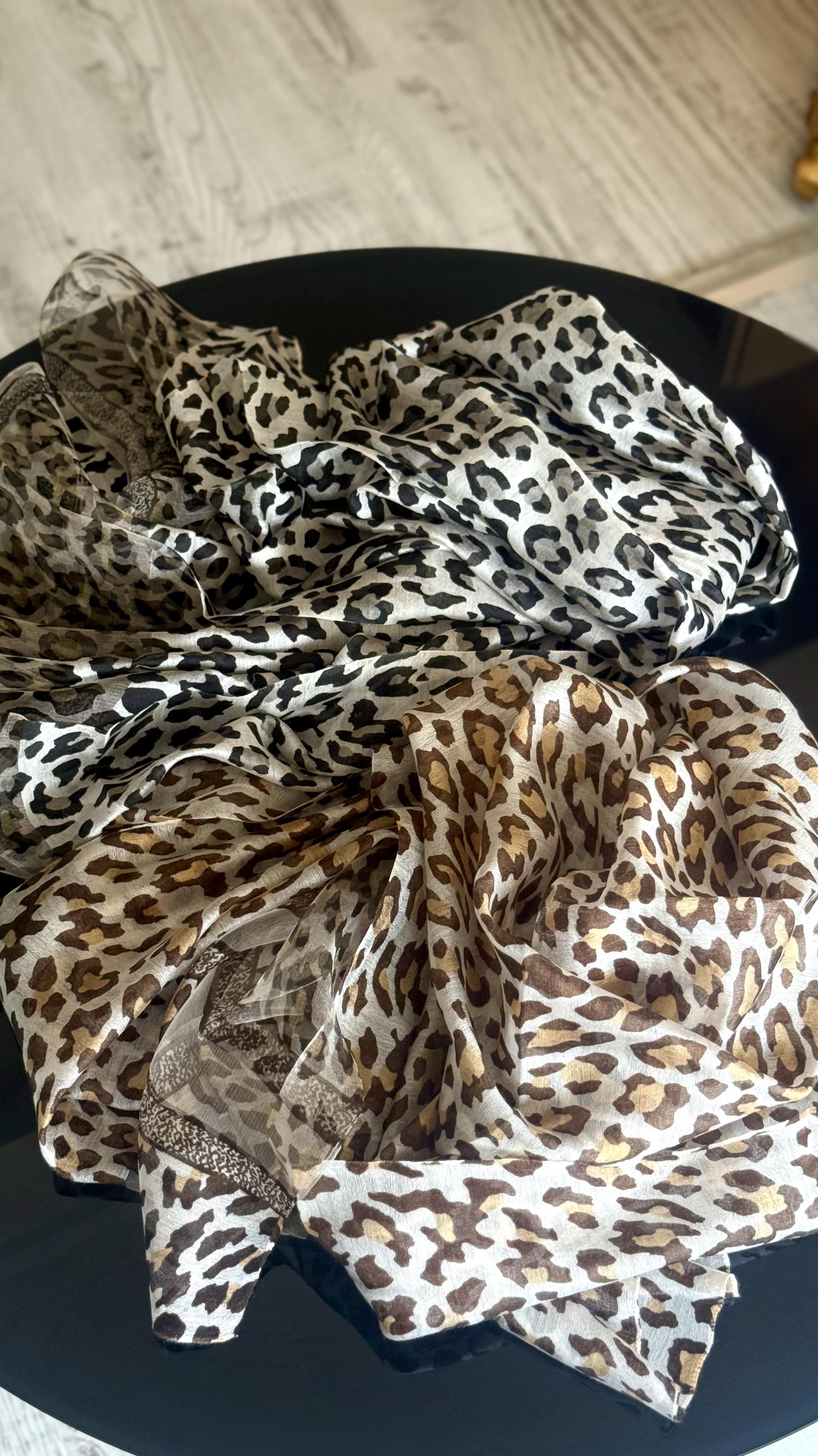 LEOPAR ORGANE TÜL İPEK ŞAL / KAHVE