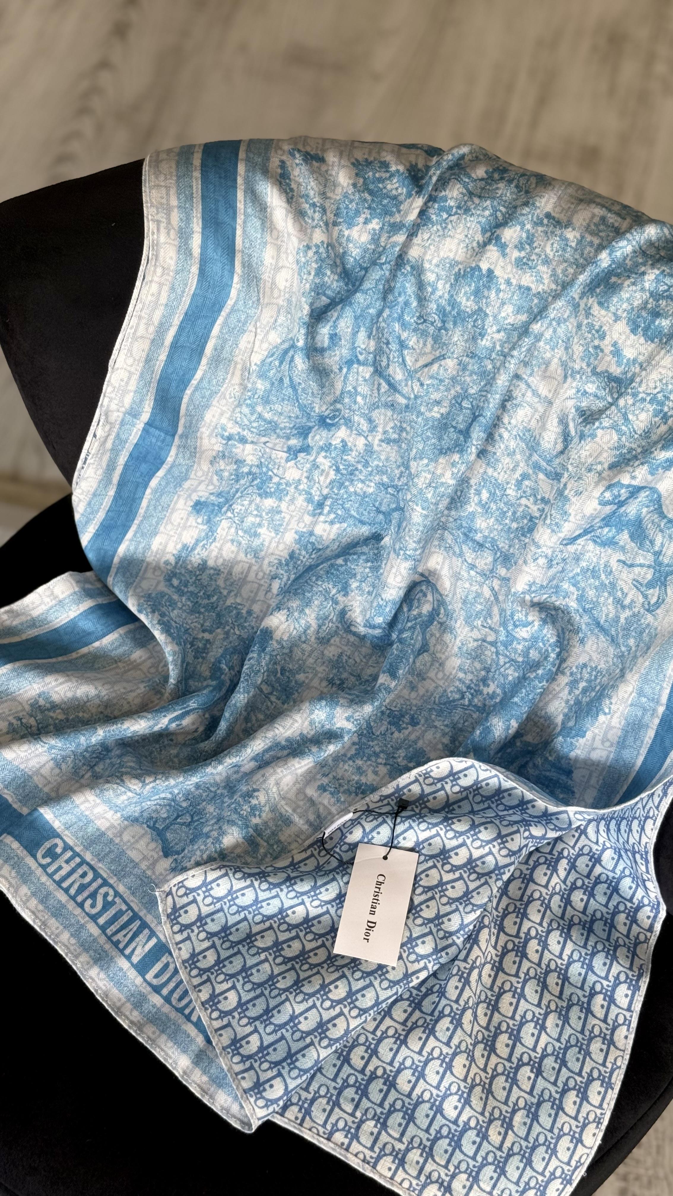 MAVİ ÇİFT YÖNLÜ DESENLİ YÜN İPEK ŞAL