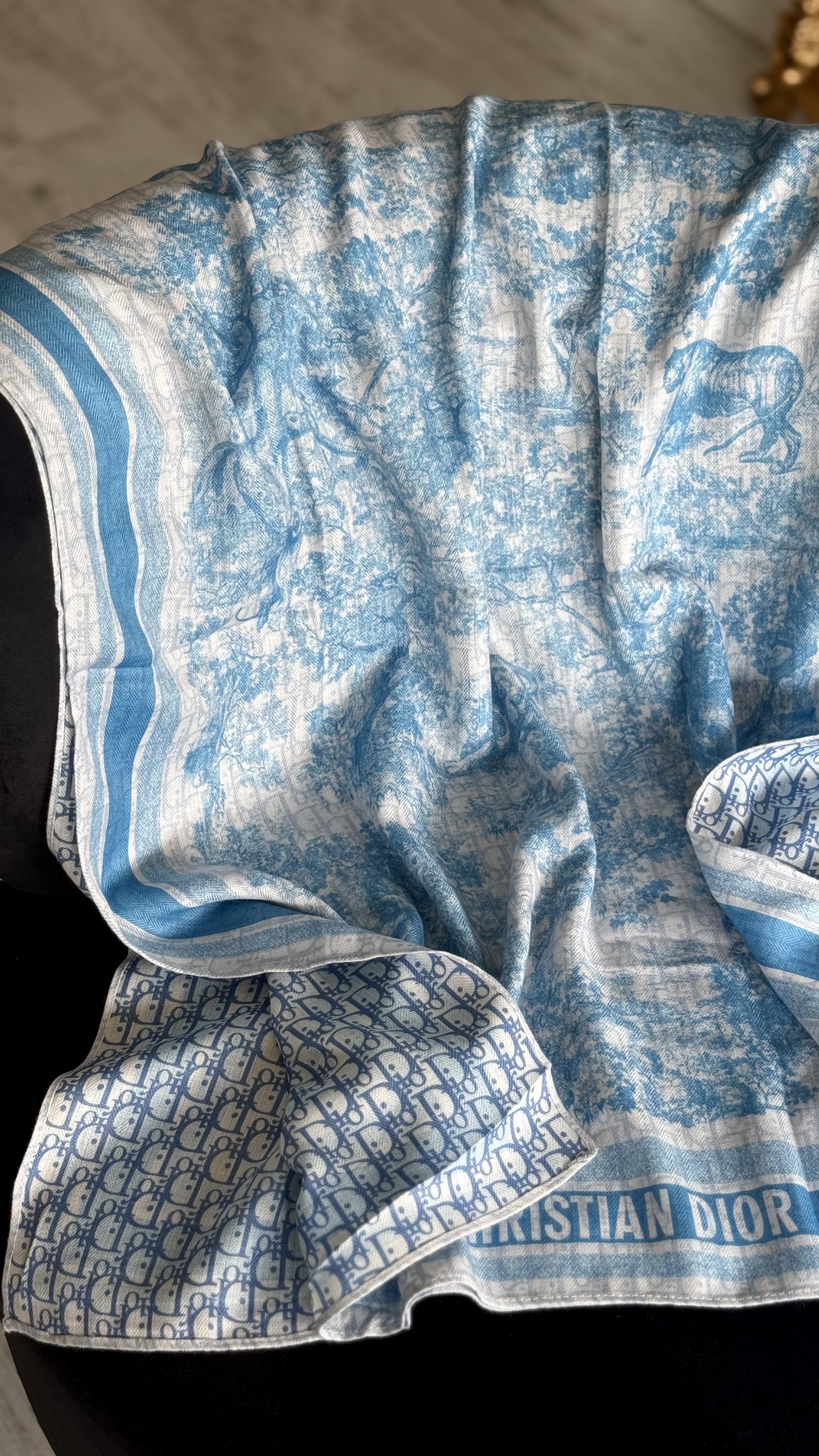 MAVİ ÇİFT YÖNLÜ DESENLİ YÜN İPEK ŞAL