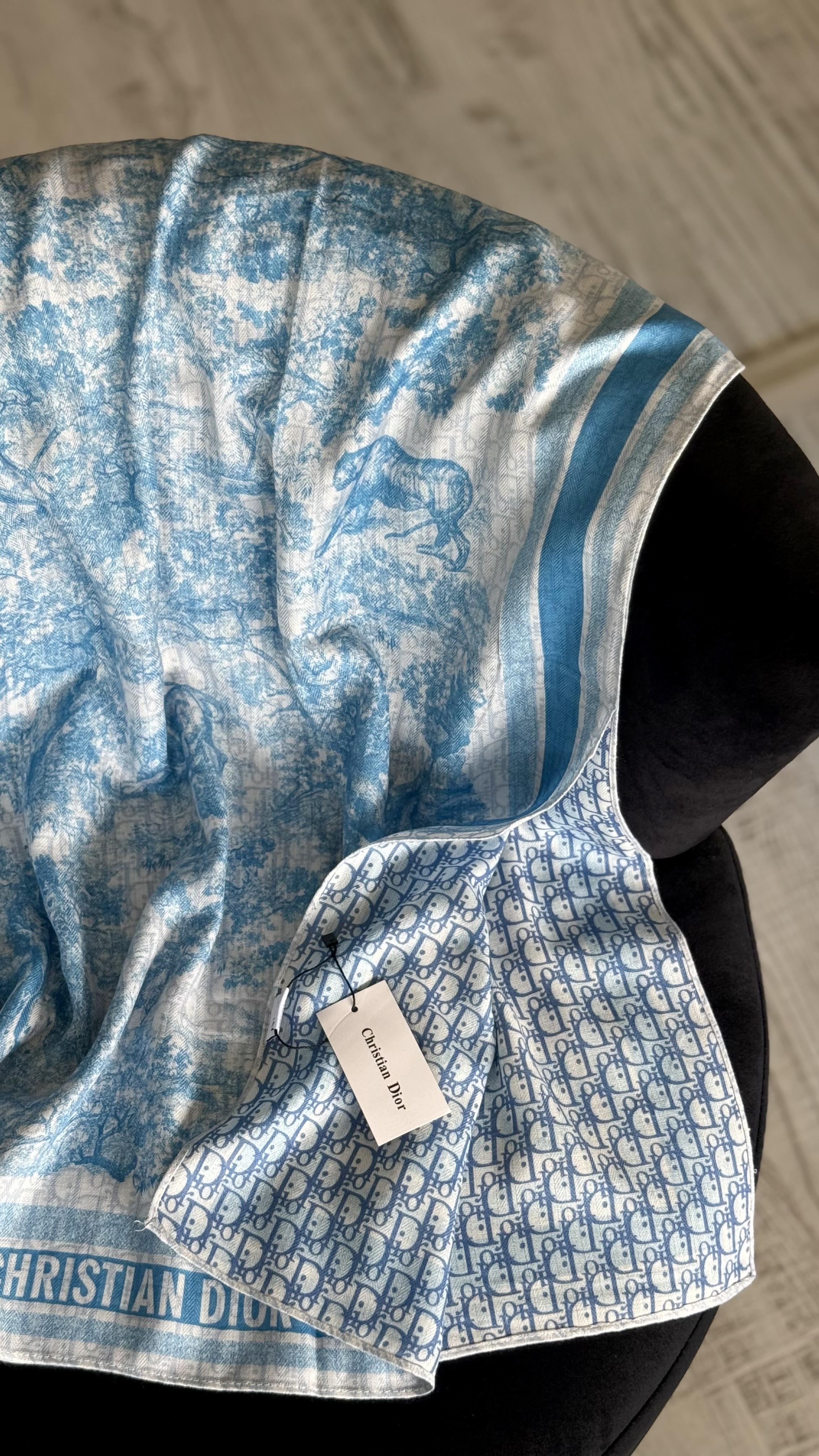 MAVİ ÇİFT YÖNLÜ DESENLİ YÜN İPEK ŞAL