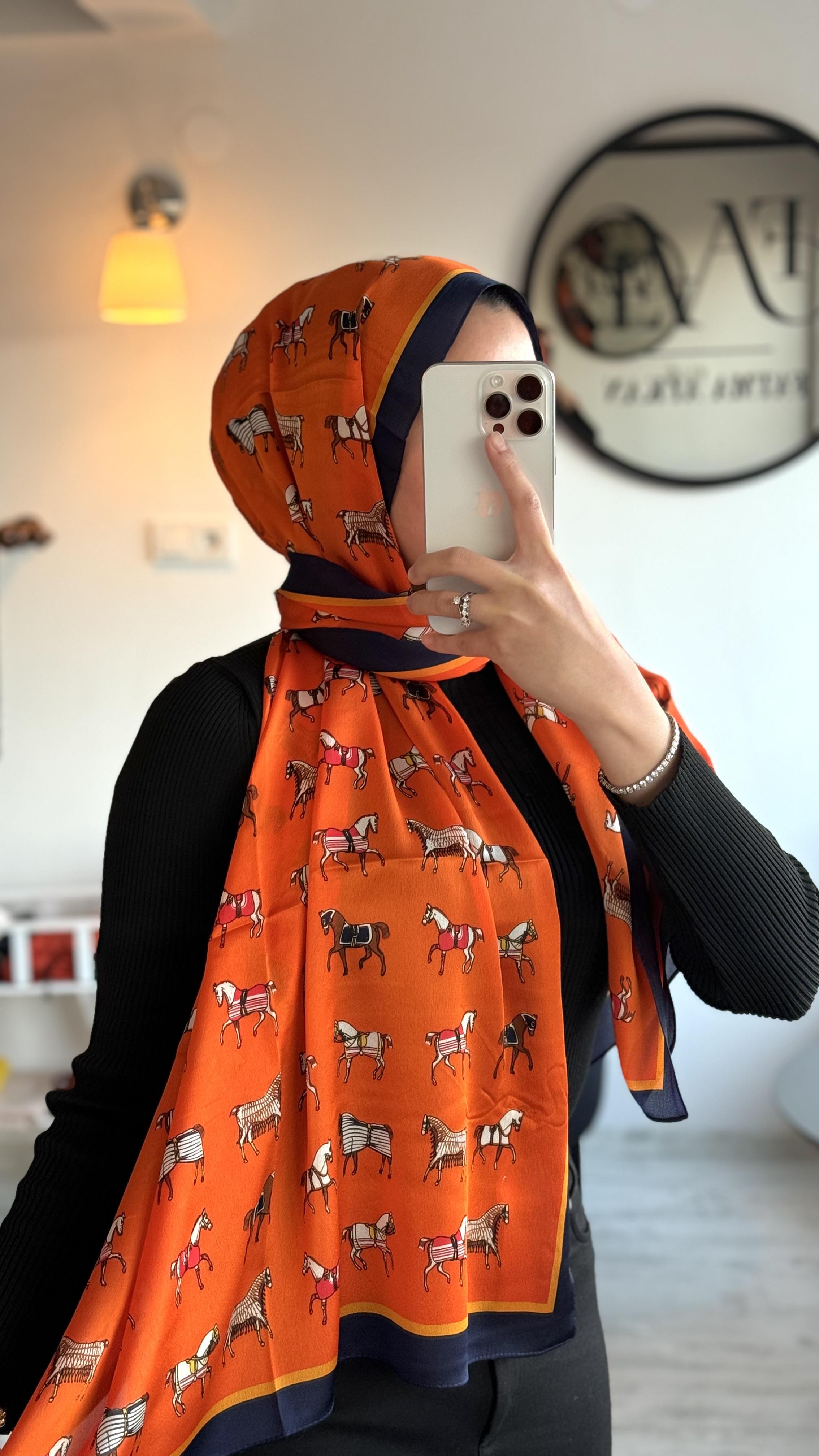 TURUNCU / LACİVERT AT FİGÜRLÜ ŞAL