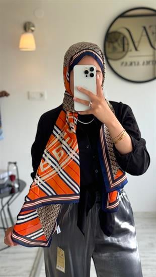 B / TURUNCU LACİVERT İPEK ŞAL 