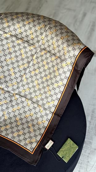 KAHVE GEÇİŞLİ , ZİNCİR DESEN %100 İPEK EŞARP