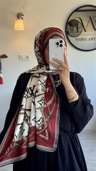 KIRMIZI / KREM VUAL İPEK ŞAL