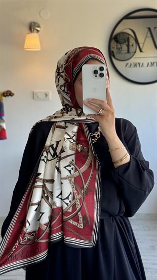 KIRMIZI / KREM VUAL İPEK ŞAL