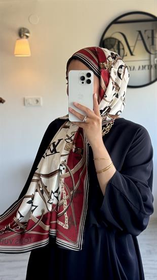 KIRMIZI / KREM VUAL İPEK ŞAL