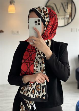 KIRMIZI LEOPAR DESEN VUAL İPEK ŞAL