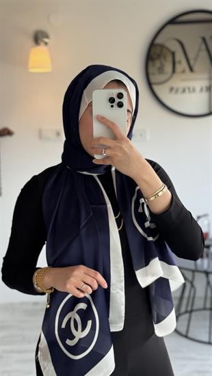 LACİVERT / BEYAZ GEÇİŞLİ İPEK ŞAL
