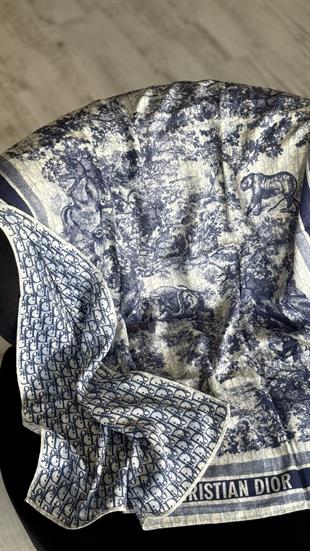 LACİVERT ÇİFT YÖNLÜ DESENLİ YÜN İPEK ŞAL