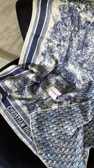 LACİVERT ÇİFT YÖNLÜ DESENLİ YÜN İPEK ŞAL