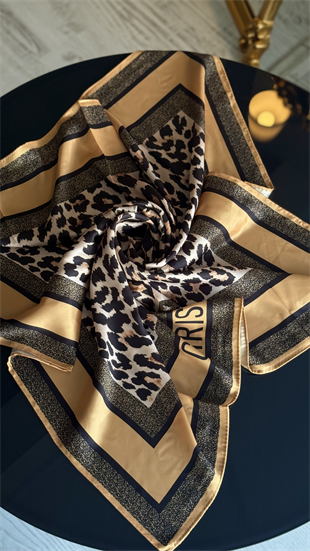 LEOPAR DESEN GOLD RENK TWİL EŞARP